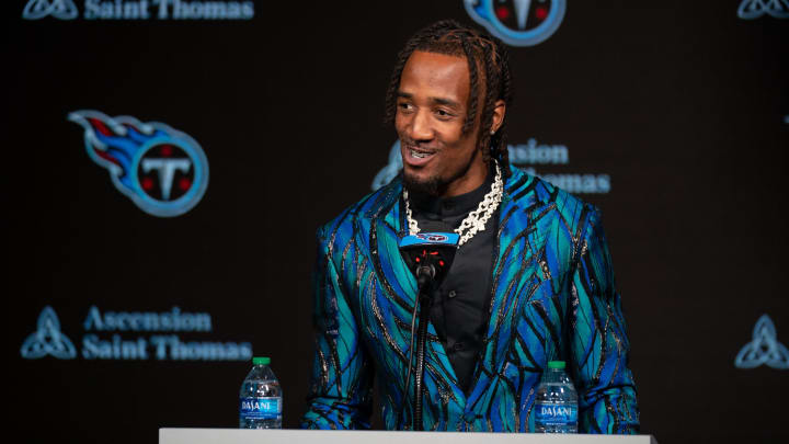 Newly acquired cornerback for the Tennessee Titans L'Jarius Sneed fields questions at his press conference at Ascension Saint Thomas Sports Park Tuesday morning, April 2, 2024.