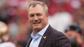 Sep 28, 2025; Santa Clara, California, USA; San Francisco 49ers general manager John Lynch before the game against the Jacksonville Jaguars at Levi's Stadium. Mandatory Credit: Darren Yamashita-Imagn Images