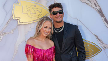 Jun 13, 2024; Kansas City, MO, USA; Kansas City Chiefs quarterback Patrick Mahomes and wife Brittany pose for a photo on the red carpet at the Nelson Art Gallery. Mandatory Credit: Denny Medley-USA TODAY Sports
