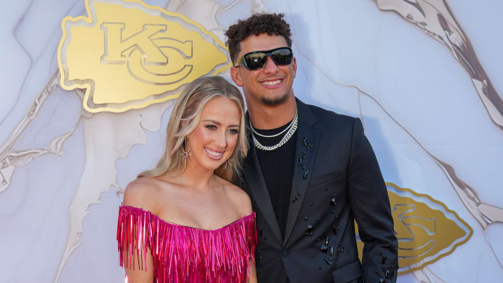 Jun 13, 2024; Kansas City, MO, USA; Kansas City Chiefs quarterback Patrick Mahomes and wife Brittany pose for a photo on the red carpet at the Nelson Art Gallery. Mandatory Credit: Denny Medley-USA TODAY Sports