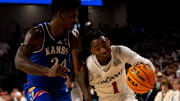 Cincinnati Bearcats guard Day Day Thomas (1) drives on Kansas Jayhawks forward KJ Adams (24) in the second half of the NCAA basketball game at Fifth Third Arena in Cincinnati on Saturday, January 11, 2025.