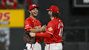 Sep 19, 2025; St. Louis, Missouri, USA;  St. Louis Cardinals third baseman Nolan Arenado (28) celebrates with first baseman Alec Burleson (41) after the Cardinals defeated the Milwaukee Brewers at Busch Stadium. Mandatory Credit: Jeff Curry-Imagn Images