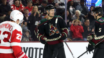 Arizona Coyotes celebrate a goal against the Detroit Red Wings