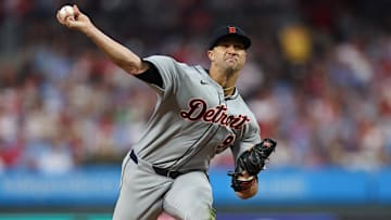 Detroit Tigers pitcher Jack Flaherty (9) throws a pitch during the fourth inning against the Philadelphia Phillies at Citizens Bank Park. Mandatory Credit: Bill Streicher-Imagn Images