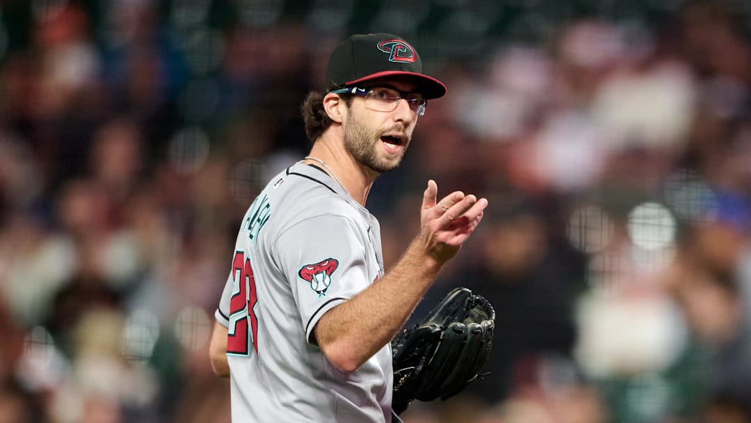 Sep 9, 2025; San Francisco, California, USA; Arizona Diamondbacks starting pitcher Zac Gallen (23) argues with home plate umpire Doug Eddings (88) (not pictured) during a pitching change against the San Francisco Giants during the seventh inning at Oracle Park. Mandatory Credit: Robert Edwards-Imagn Images