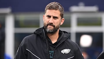 Aug 15, 2024; Foxborough, MA, USA; Philadelphia Eagles head coach Nick Sirianni  walks to the bench before a game against the New England Patriots at Gillette Stadium. Mandatory Credit: Eric Canha-Imagn Images