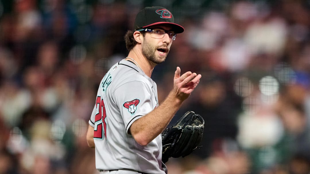 Sep 9, 2025; San Francisco, California, USA; Arizona Diamondbacks starting pitcher Zac Gallen (23) argues with home plate umpire Doug Eddings (88) (not pictured) during a pitching change against the San Francisco Giants during the seventh inning at Oracle Park. Mandatory Credit: Robert Edwards-Imagn Images