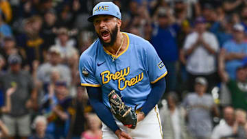 Sep 22, 2024; Milwaukee, Wisconsin, USA; Milwaukee Brewers pitcher Devin Williams (38) reacts after picking up a save in the ninth inning against the Arizona Diamondbacks at American Family Field. Mandatory Credit: Benny Sieu-Imagn Images