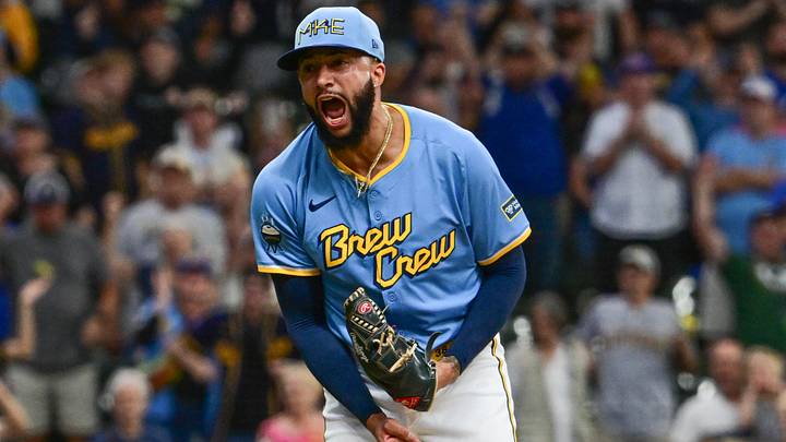 Sep 22, 2024; Milwaukee, Wisconsin, USA; Milwaukee Brewers pitcher Devin Williams (38) reacts after picking up a save in the ninth inning against the Arizona Diamondbacks at American Family Field. Mandatory Credit: Benny Sieu-Imagn Images