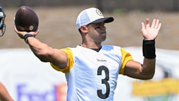 Jul 27, 2024; Latrobe, PA, USA; Pittsburgh Steelers quarterback Russell Wilson (3) participates in drills during training camp at Saint Vincent College. Mandatory Credit: Barry Reeger-Imagn Images