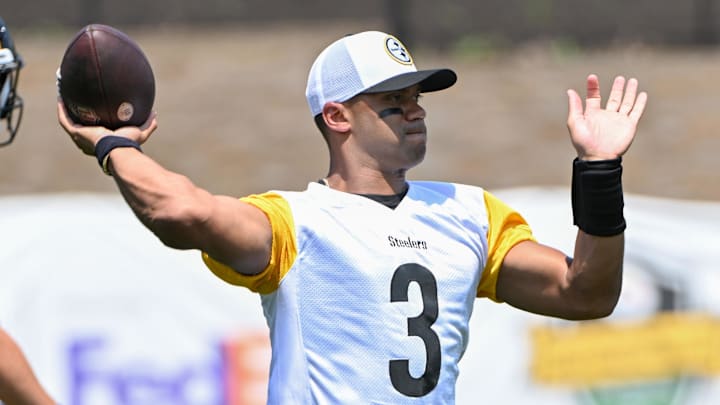 Jul 27, 2024; Latrobe, PA, USA; Pittsburgh Steelers quarterback Russell Wilson (3) participates in drills during training camp at Saint Vincent College. Mandatory Credit: Barry Reeger-Imagn Images