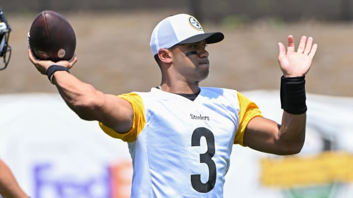 Jul 27, 2024; Latrobe, PA, USA; Pittsburgh Steelers quarterback Russell Wilson (3) participates in drills during training camp at Saint Vincent College. Mandatory Credit: Barry Reeger-USA TODAY Sports