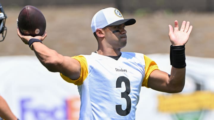 Jul 27, 2024; Latrobe, PA, USA; Pittsburgh Steelers quarterback Russell Wilson (3) participates in drills during training camp at Saint Vincent College. Mandatory Credit: Barry Reeger-USA TODAY Sports