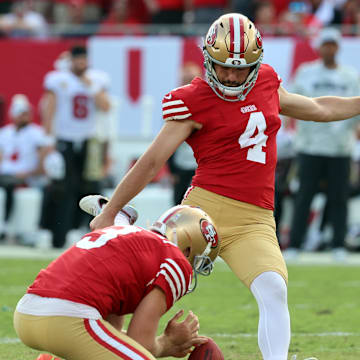 Nov 10, 2024; Tampa, Florida, USA; San Francisco 49ers place kicker Jake Moody (4) makes the game winning field goal against the Tampa Bay Buccaneers during the second half at Raymond James Stadium. Mandatory Credit: Kim Klement Neitzel-Imagn Images
