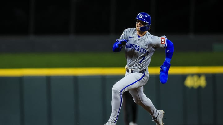 Aug 16, 2024; Cincinnati, Ohio, USA; Kansas City Royals shortstop Bobby Witt Jr. (7) steals third on a throwing error in the seventh inning against the Cincinnati Reds at Great American Ball Park.