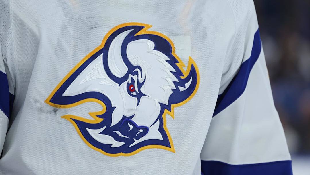 Nov 25, 2022; Buffalo, New York, USA;  A general view of the Buffalo Sabres logo on a jersey worn by Buffalo Sabres goaltender Craig Anderson (41) during the third period against the New Jersey Devils at KeyBank Center. Mandatory Credit: Timothy T. Ludwig-Imagn Images