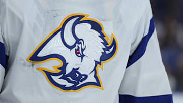 Nov 25, 2022; Buffalo, New York, USA;  A general view of the Buffalo Sabres logo on a jersey worn by Buffalo Sabres goaltender Craig Anderson (41) during the third period against the New Jersey Devils at KeyBank Center. Mandatory Credit: Timothy T. Ludwig-Imagn Images
