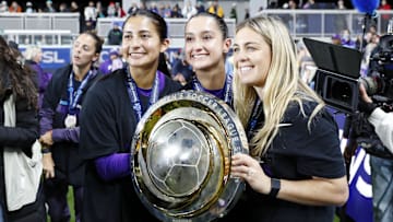 Nov 23, 2024; Kansas City, Missouri, USA; The Orlando Pride celebrates after winning the 2024 NWSL Championship match at CPKC Stadium. Mandatory Credit: Kylie Graham-Imagn Images