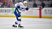 Jan 5, 2025; Anaheim, California, USA; Tampa Bay Lightning defenseman Emil Lilleberg (78) shoots on goal against the Anaheim Ducks during the first period at Honda Center. Mandatory Credit: Gary A. Vasquez-Imagn Images
