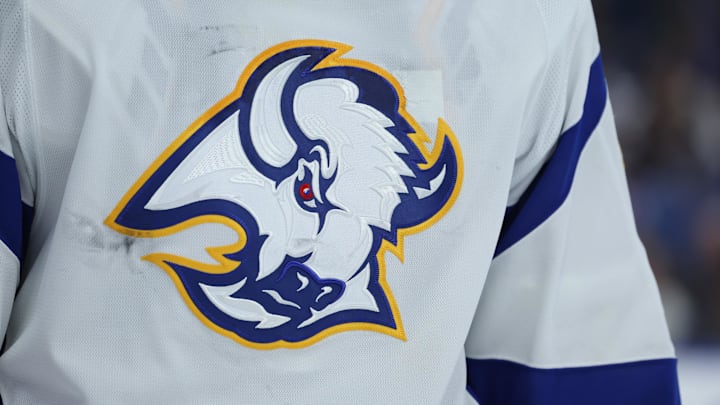 Nov 25, 2022; Buffalo, New York, USA;  A general view of the Buffalo Sabres logo on a jersey worn by Buffalo Sabres goaltender Craig Anderson (41) during the third period against the New Jersey Devils at KeyBank Center. 