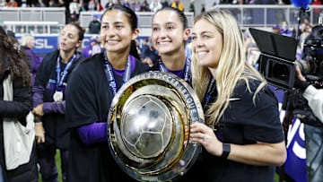 Nov 23, 2024; Kansas City, Missouri, USA; The Orlando Pride celebrates after winning the 2024 NWSL Championship match at CPKC Stadium. Mandatory Credit: Kylie Graham-Imagn Images