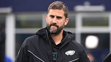 Philadelphia Eagles head coach Nick Sirianni walks to the bench before a game against the New England Patriots at Gillette Stadium. 