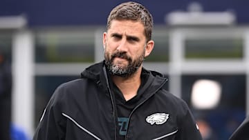 Philadelphia Eagles head coach Nick Sirianni walks to the bench before a game against the New England Patriots at Gillette Stadium.