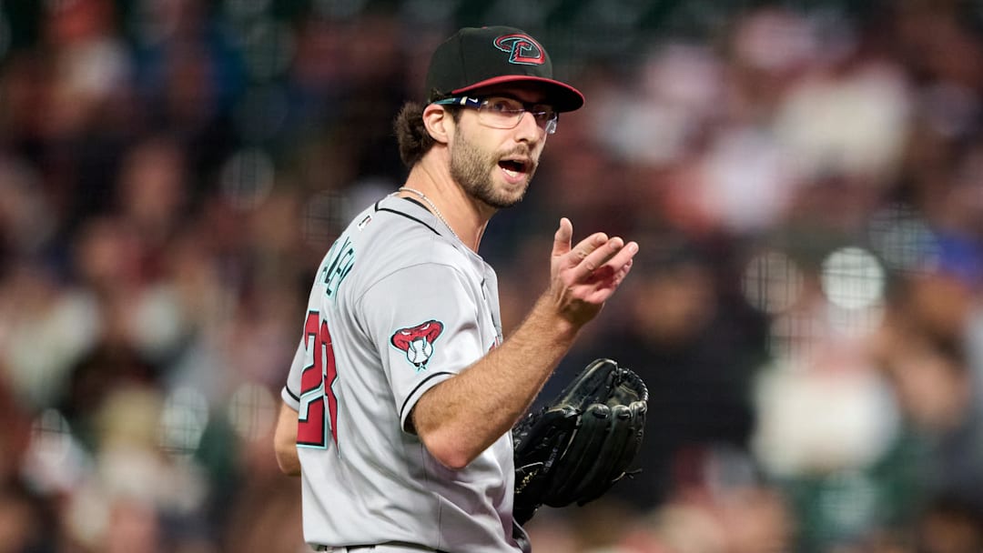 Sep 9, 2025; San Francisco, California, USA; Arizona Diamondbacks starting pitcher Zac Gallen (23) argues with home plate umpire Doug Eddings (88) (not pictured) during a pitching change against the San Francisco Giants during the seventh inning at Oracle Park. Mandatory Credit: Robert Edwards-Imagn Images