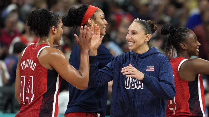 United States power forward Alyssa Thomas (14) and shooting guard Diana Taurasi (12) celebrate 