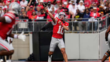 Ohio State Buckeyes quarterback Julian Sayin (10) throws during the first half of the NCAA football game against the Grambling State Tigers at Ohio Stadium on Sept. 6, 2025.