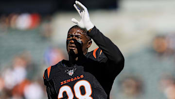 Nov 3, 2024; Cincinnati, Ohio, USA; Cincinnati Bengals cornerback DJ Ivey (38) waves to fans during warmups before the game against the Las Vegas Raiders at Paycor Stadium. Mandatory Credit: Katie Stratman-Imagn Images