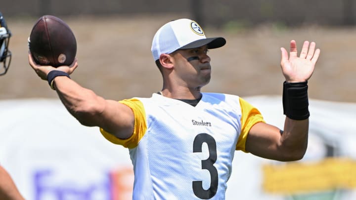 Jul 27, 2024; Latrobe, PA, USA; Pittsburgh Steelers quarterback Russell Wilson (3) participates in drills during training camp at Saint Vincent College. Mandatory Credit: Barry Reeger-USA TODAY Sports