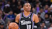 Oct 26, 2025; Sacramento, California, USA; Sacramento Kings guard Russell Westbrook (18) pushed the ball up the court against the Los Angeles Lakers during the third quarter at Golden 1 Center. Mandatory Credit: Ed Szczepanski-Imagn Images