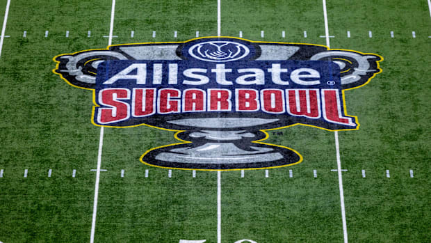 Sugar Bowl logo on the 50 yard line of Caesars Superdome