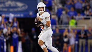 Oct 18, 2025; Lexington, Kentucky, USA; Texas Longhorns quarterback Arch Manning (16) looks to pass during the second quarter against the Kentucky Wildcats at Kroger Field. Mandatory Credit: Jordan Prather-Imagn Images