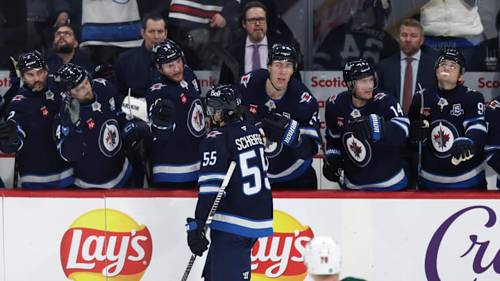 Dec 27, 2025; Winnipeg, Manitoba, CAN; Winnipeg Jets center Mark Scheifele (55) celebrates his goal against the Minnesota Wild in the second period at Canada Life Centre. Mandatory Credit: James Carey Lauder-Imagn Images