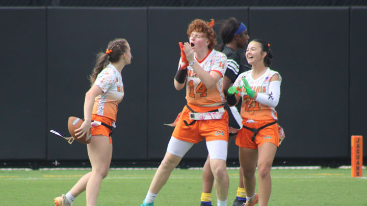 Mandarin celebrates a touchdown in the Jaguars Prep Girls Flag Football Preseason Classic in Jacksonville on Feb. 14, 2025. [Clayton Freeman/Florida Times-Union]