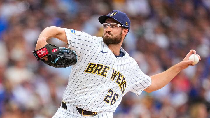 Jun 28, 2026; Milwaukee, Wisconsin, USA;  Milwaukee Brewers pitcher Aaron Ashby (26) throws a pitch during the seventh inning against the Chicago Cubs at American Family Field. Mandatory Credit: Jeff Hanisch-Imagn Images