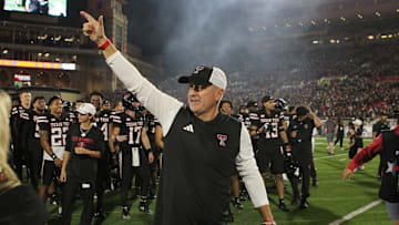 Sep 28, 2024; Lubbock, Texas, USA;  Texas Tech Red Raiders head coach Joey McGuire after the game against the Cincinnati Bearcats at Jones AT&T Stadium and Cody Campbell Field. Mandatory Credit: Michael C. Johnson-Imagn Images