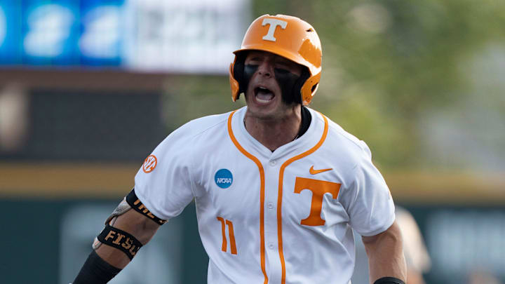 Tennessee's Andrew Fischer (11) celebrates after hitting a home run at the NCAA college baseball Knoxville Regional against Wake Forest on June 2, 2025, in Knoxville, Tenn.