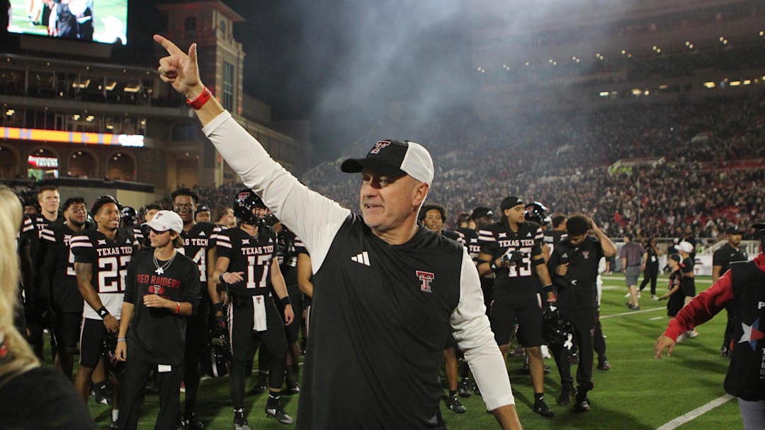 Sep 28, 2024; Lubbock, Texas, USA;  Texas Tech Red Raiders head coach Joey McGuire after the game against the Cincinnati Bearcats at Jones AT&T Stadium and Cody Campbell Field. Mandatory Credit: Michael C. Johnson-Imagn Images