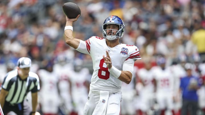 Aug 17, 2024; Houston, Texas, USA; New York Giants quarterback Daniel Jones (8) attempts a pass during the second quarter against the Houston Texans at NRG Stadium.  