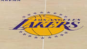 Dec 18, 2023; Los Angeles, California, USA; The Los Angeles Lakers logo at center court at the Crypto.com Arena. Mandatory Credit: Kirby Lee-Imagn Images