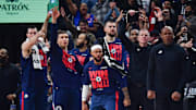 Apr 24, 2025; Inglewood, California, USA; Los Angeles Clippers guard Patty Mills (88) and the bench react against the Denver Nuggets during the first half of game three in the first round for the 2024 NBA Playoffs at Intuit Dome. Mandatory Credit: Gary A. Vasquez-Imagn Images