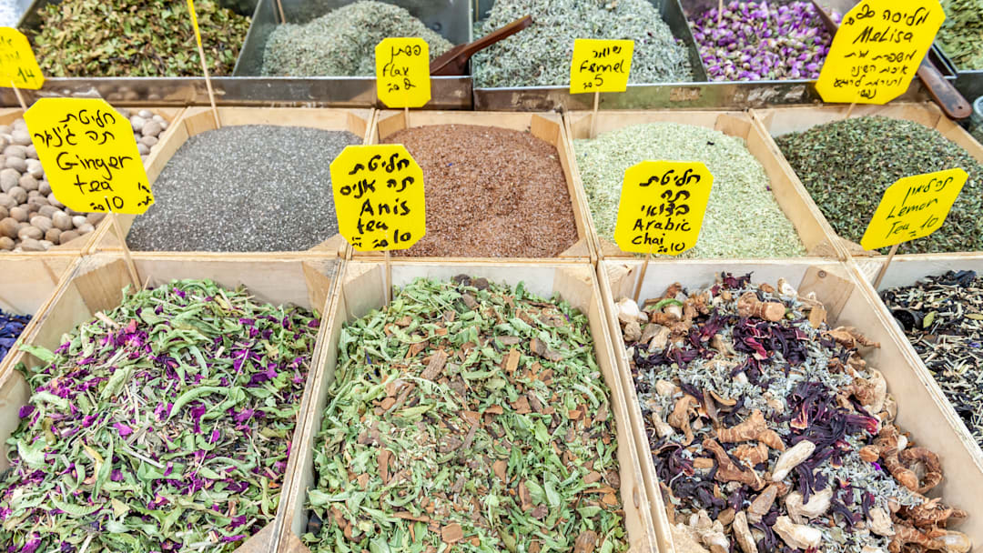 Anis tea and other teas sold in shuk Levinsky market, Tel Aviv, Israel