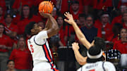 Jan 29, 2025; Oxford, Mississippi, USA; Mississippi Rebels forward Malik Dia (0) shoots during the first quarter against the Texas Longhorns at The Sandy and John Black Pavilion at Ole Miss. Mandatory Credit: Petre Thomas-Imagn Images