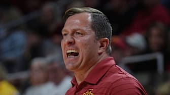 Iowa State Cyclones men's basketball head coach T.J. Otzelberger calls a play from the side line against Stonehill during the first half in the NCAA basketball on Nov. 17, 2025, at Hilton Coliseum in Ames, Iowa.Iowa.