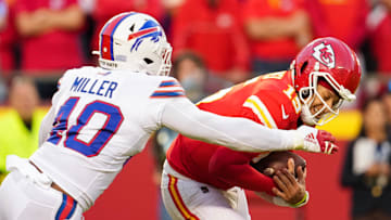 Oct 16, 2022; Kansas City, Missouri, USA; Kansas City Chiefs quarterback Patrick Mahomes (15) is sacked by Buffalo Bills linebacker Von Miller (40) during the second half at GEHA Field at Arrowhead Stadium. Mandatory Credit: Jay Biggerstaff-Imagn Images