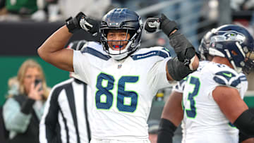Seattle Seahawks tight end Pharaoh Brown (86) reacts during the second half against the New York Jets at MetLife Stadium last season.