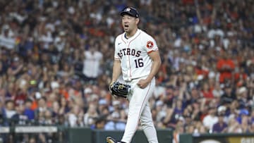 Aug 31, 2024; Houston, Texas, USA; Houston Astros starting pitcher Yusei Kikuchi (16) reacts after a play during the sixth inning against the Kansas City Royals at Minute Maid Park.